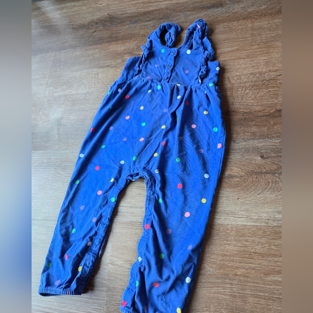 Hanna Andersson Overall Romper Blue Polka Dots Ruffle Strap Girls size 90 - Picture 3 of 8